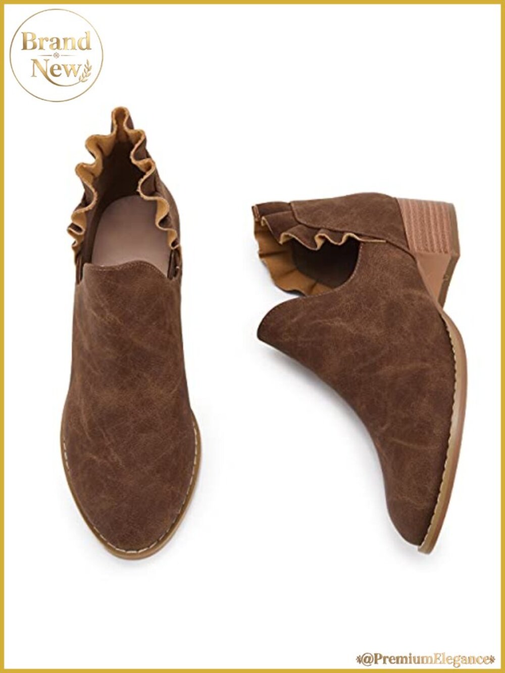 Faux Leather Ankle Boots Ruffled V Cut Out Pointed Toe Chunky Low Heel Western - Picture 3 of 5